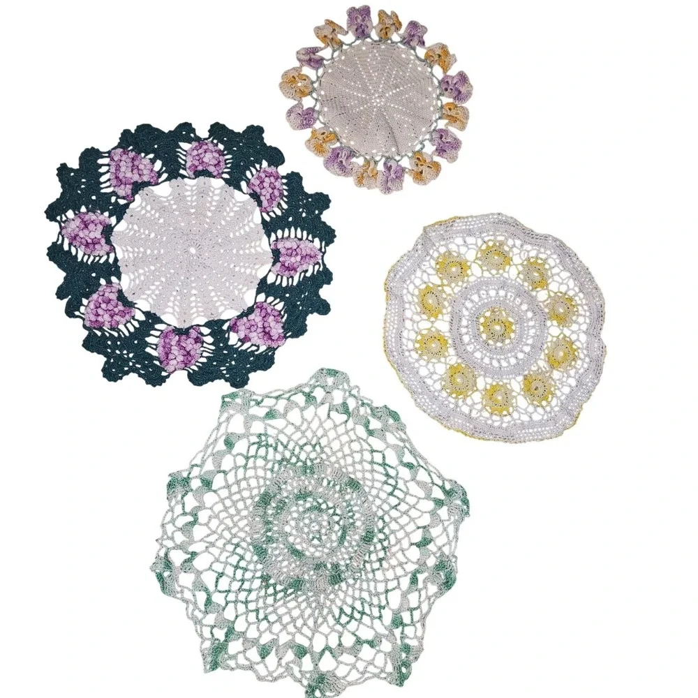Vintage Handmade Crochet Doily Lot 4pc Floral Lace Green Purple Yellow White